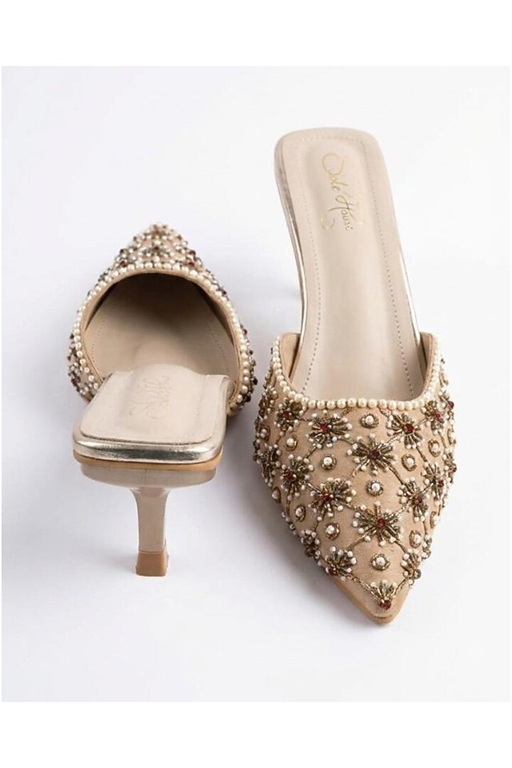 Beige Faux Leather Pearl Embellished Mules by Sole House at Pernia's Pop Up Shop
