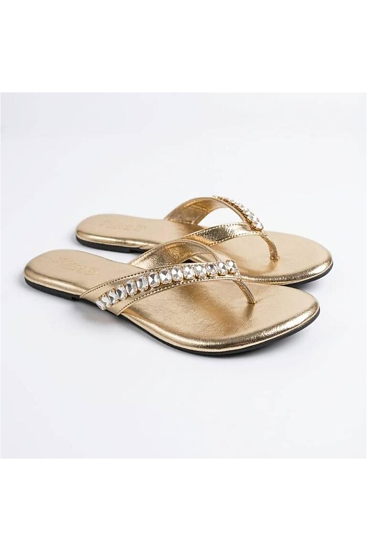 Metallic Gold Faux Leather Crystal Embellished Flats by Sole House at Pernia's Pop Up Shop