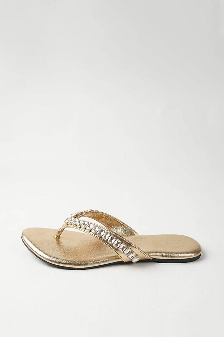 Metallic Gold Faux Leather Crystal Embellished Flats by Sole House at Pernia's Pop Up Shop