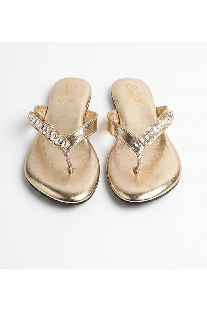 Metallic Gold Faux Leather Crystal Embellished Flats by Sole House at Pernia's Pop Up Shop