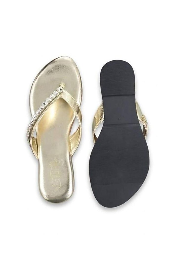 Metallic Gold Faux Leather Crystal Embellished Flats by Sole House at Pernia's Pop Up Shop