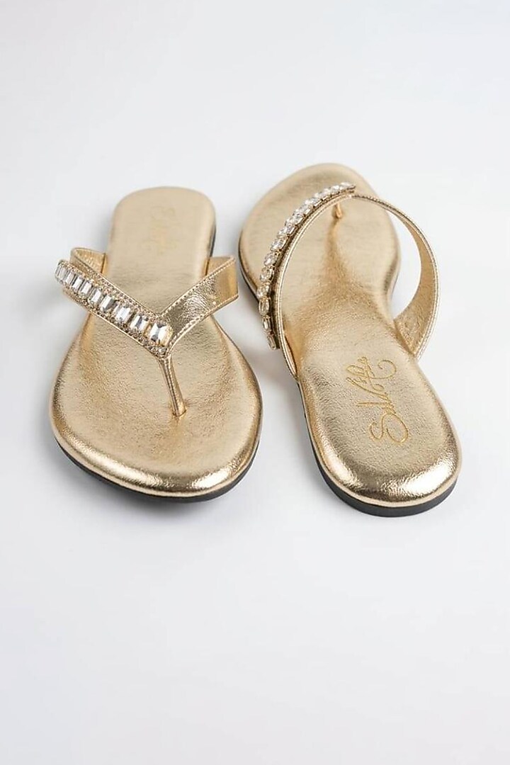 Metallic Gold Faux Leather Crystal Embellished Flats by Sole House at Pernia's Pop Up Shop