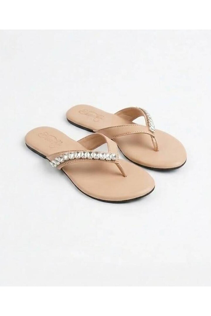 Beige Faux Leather Crystal Embellished Flats by Sole House at Pernia's Pop Up Shop