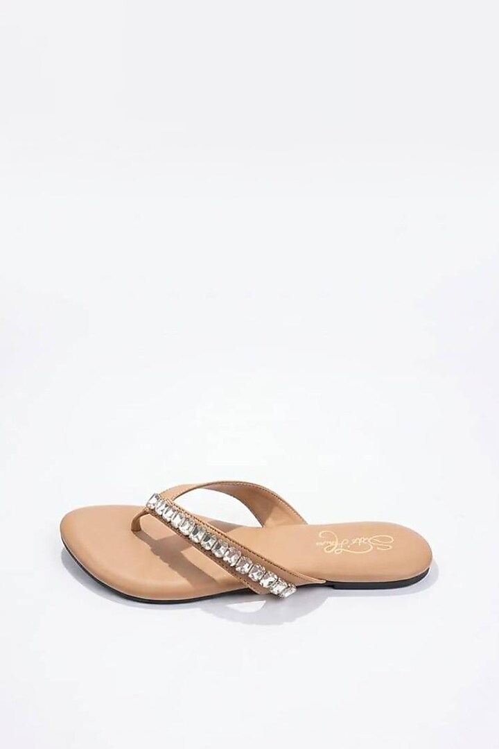 Beige Faux Leather Crystal Embellished Flats by Sole House at Pernia's Pop Up Shop