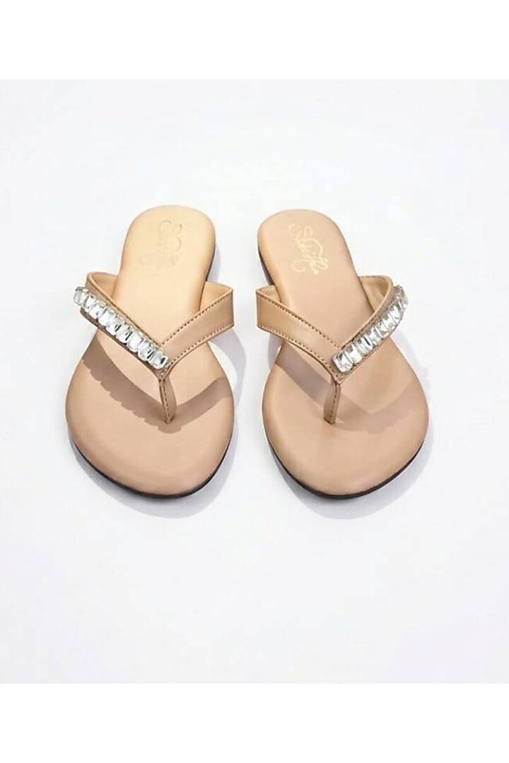 Beige Faux Leather Crystal Embellished Flats by Sole House at Pernia's Pop Up Shop