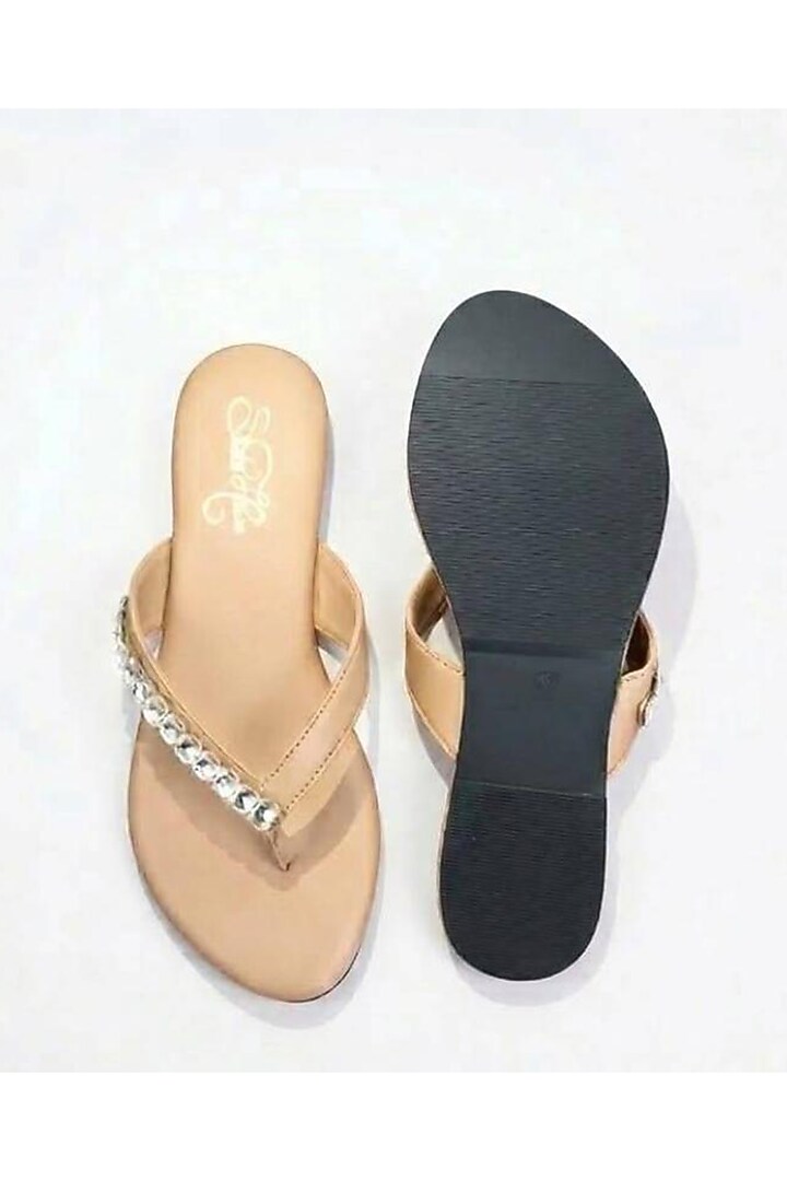 Beige Faux Leather Crystal Embellished Flats by Sole House at Pernia's Pop Up Shop