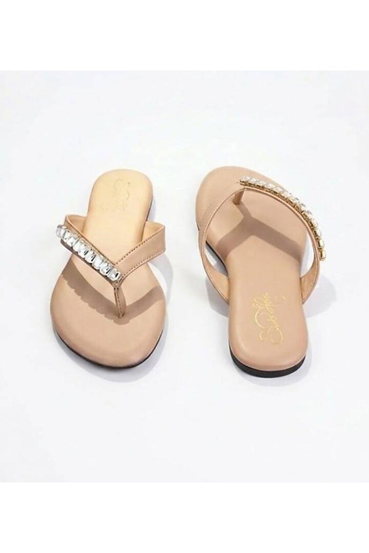 Beige Faux Leather Crystal Embellished Flats by Sole House at Pernia's Pop Up Shop