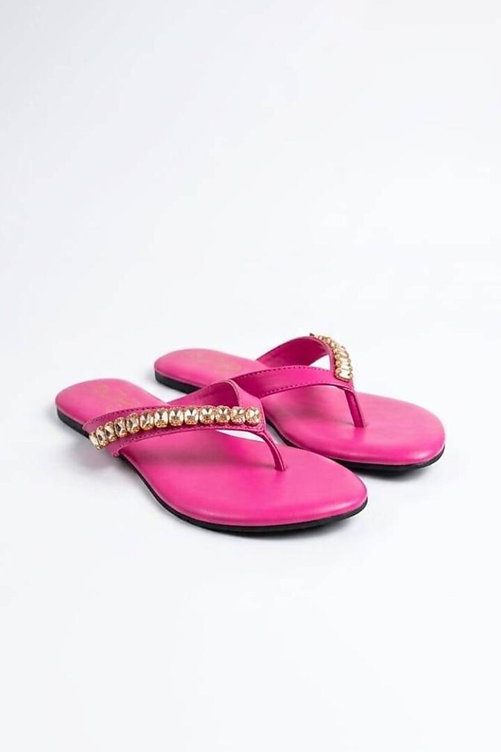 Pink Faux Leather Crystal Embellished Flats by Sole House at Pernia's Pop Up Shop