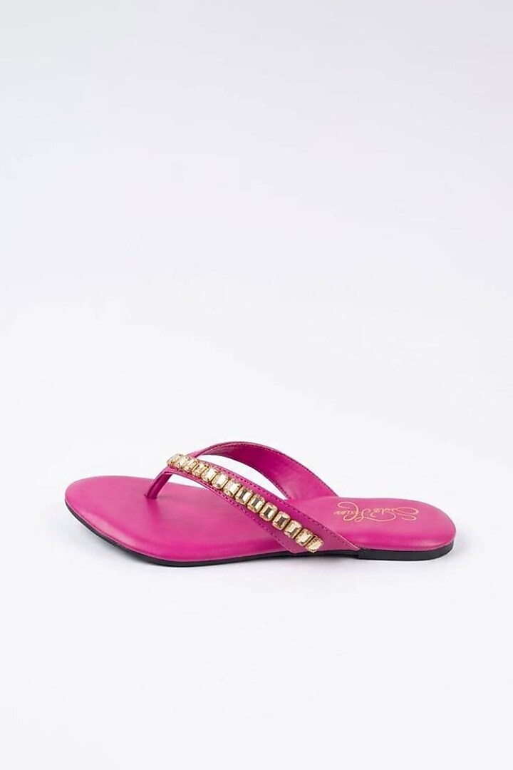 Pink Faux Leather Crystal Embellished Flats by Sole House at Pernia's Pop Up Shop