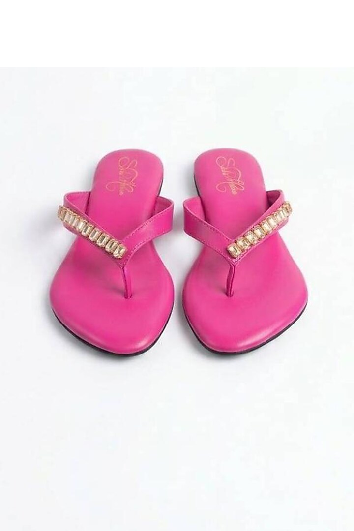 Pink Faux Leather Crystal Embellished Flats by Sole House at Pernia's Pop Up Shop