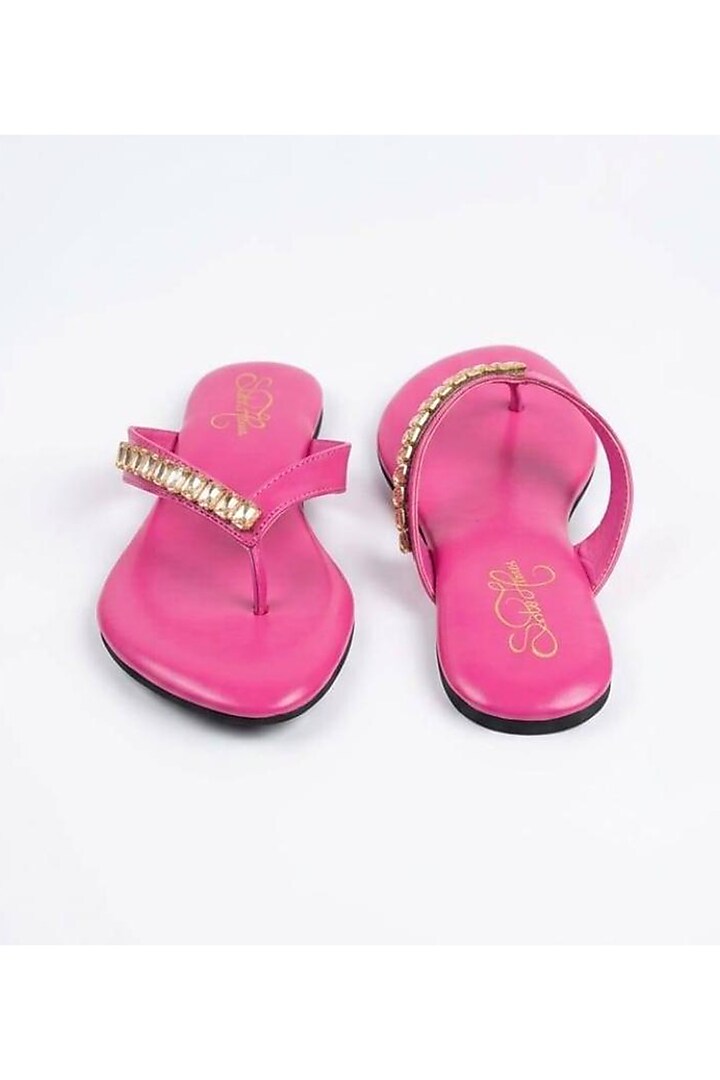 Pink Faux Leather Crystal Embellished Flats by Sole House at Pernia's Pop Up Shop
