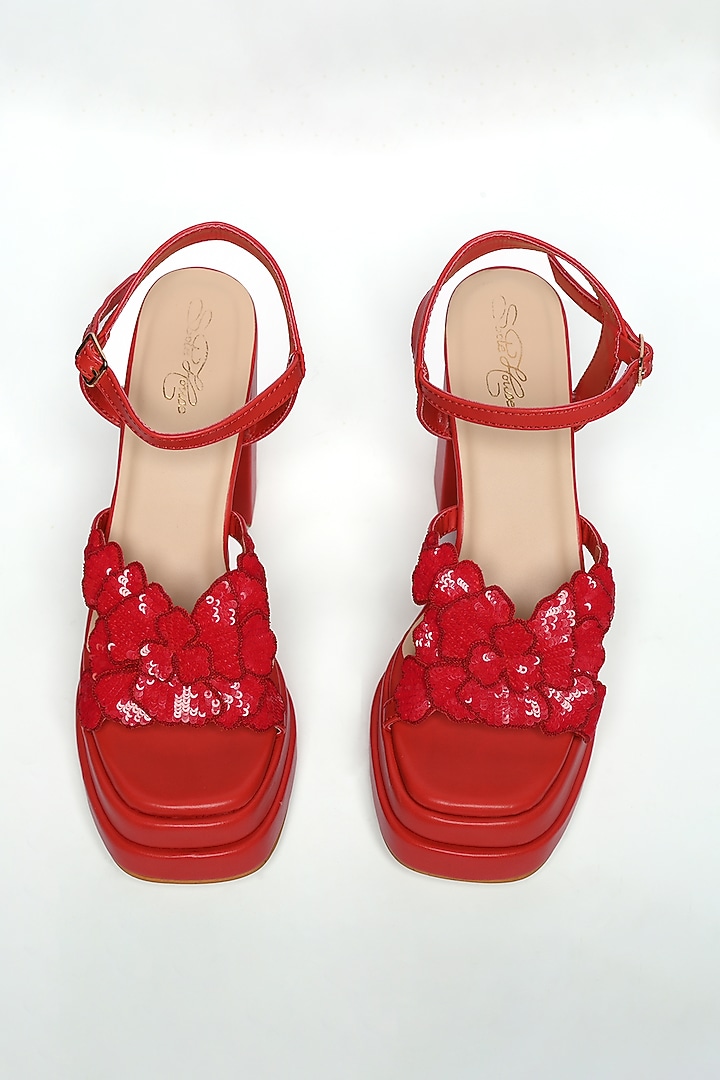 Red Faux Leather Sequins Floral Hand Embroidered Heels by Sole House at Pernia's Pop Up Shop