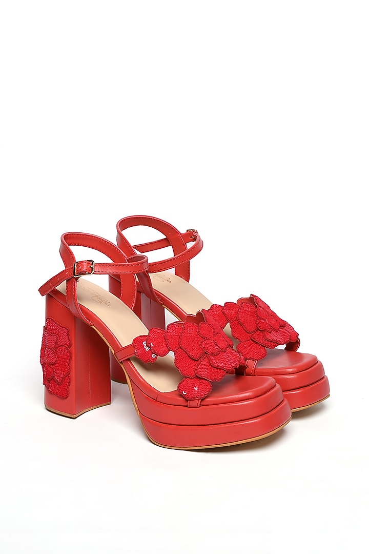 Red Faux Leather Sequins Floral Hand Embroidered Heels by Sole House at Pernia's Pop Up Shop