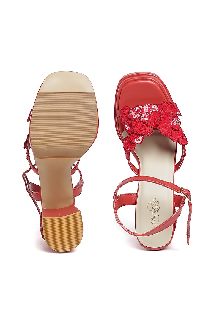Red Faux Leather Sequins Floral Hand Embroidered Heels by Sole House at Pernia's Pop Up Shop