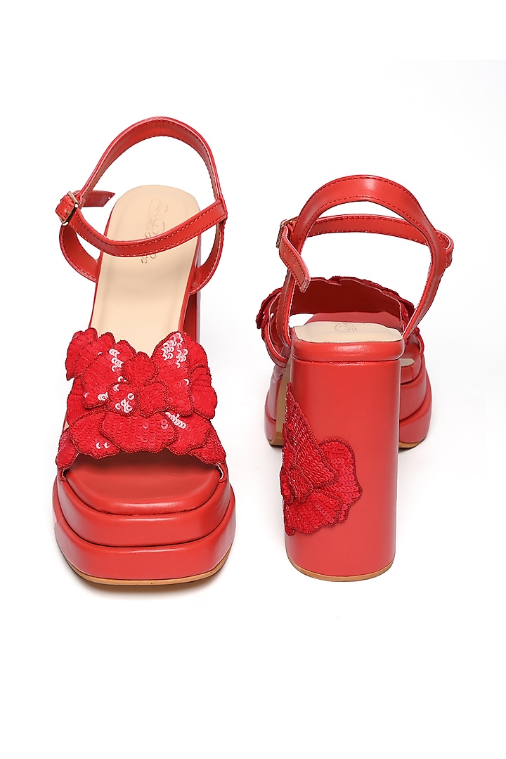 Red Faux Leather Sequins Floral Hand Embroidered Heels by Sole House at Pernia's Pop Up Shop