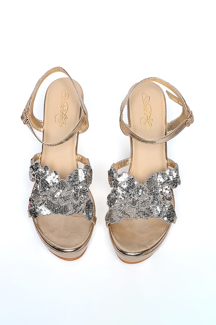 Gold Faux Leather Sequins Floral Hand Embroidered Wedges by Sole House at Pernia's Pop Up Shop
