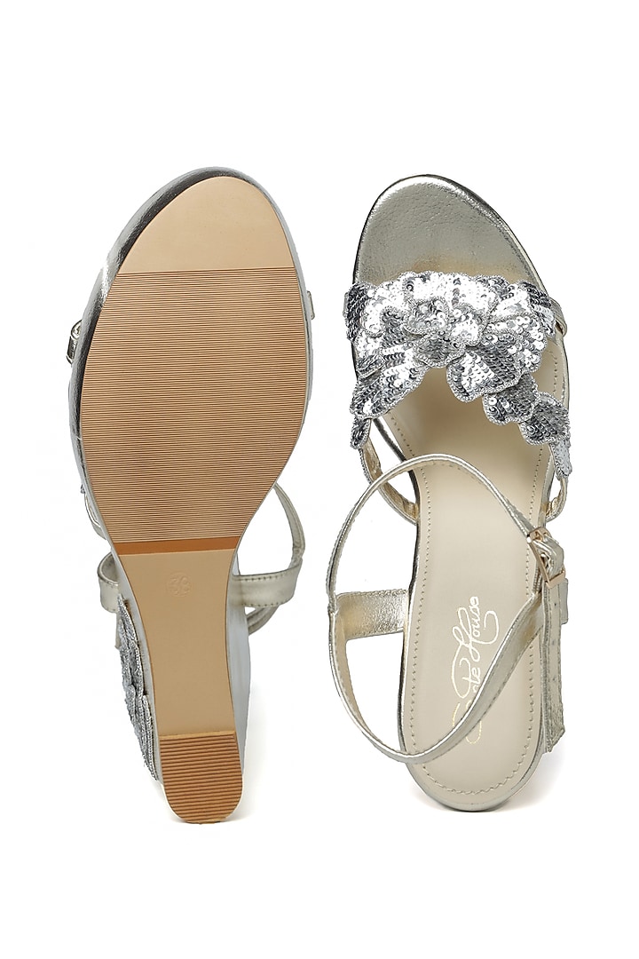 Gold Faux Leather Sequins Floral Hand Embroidered Wedges by Sole House at Pernia's Pop Up Shop
