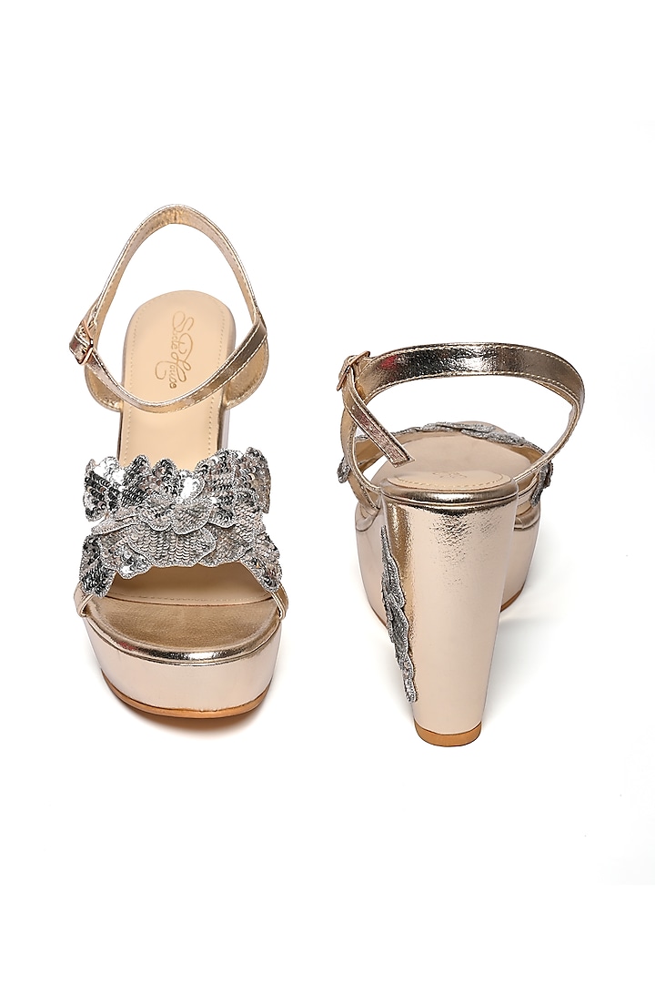 Gold Faux Leather Sequins Floral Hand Embroidered Wedges by Sole House at Pernia's Pop Up Shop