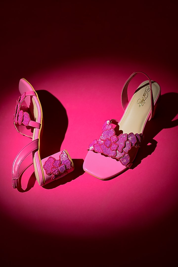 Pink Faux Leather Sequins Floral Hand Embroidered Heels by Sole House at Pernia's Pop Up Shop