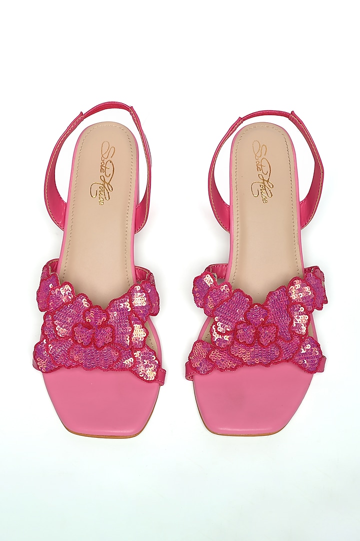 Pink Faux Leather Sequins Floral Hand Embroidered Heels by Sole House at Pernia's Pop Up Shop
