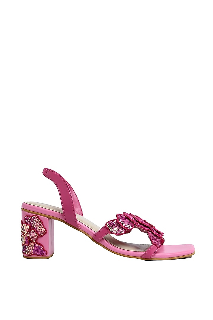 Pink Faux Leather Sequins Floral Hand Embroidered Heels by Sole House at Pernia's Pop Up Shop