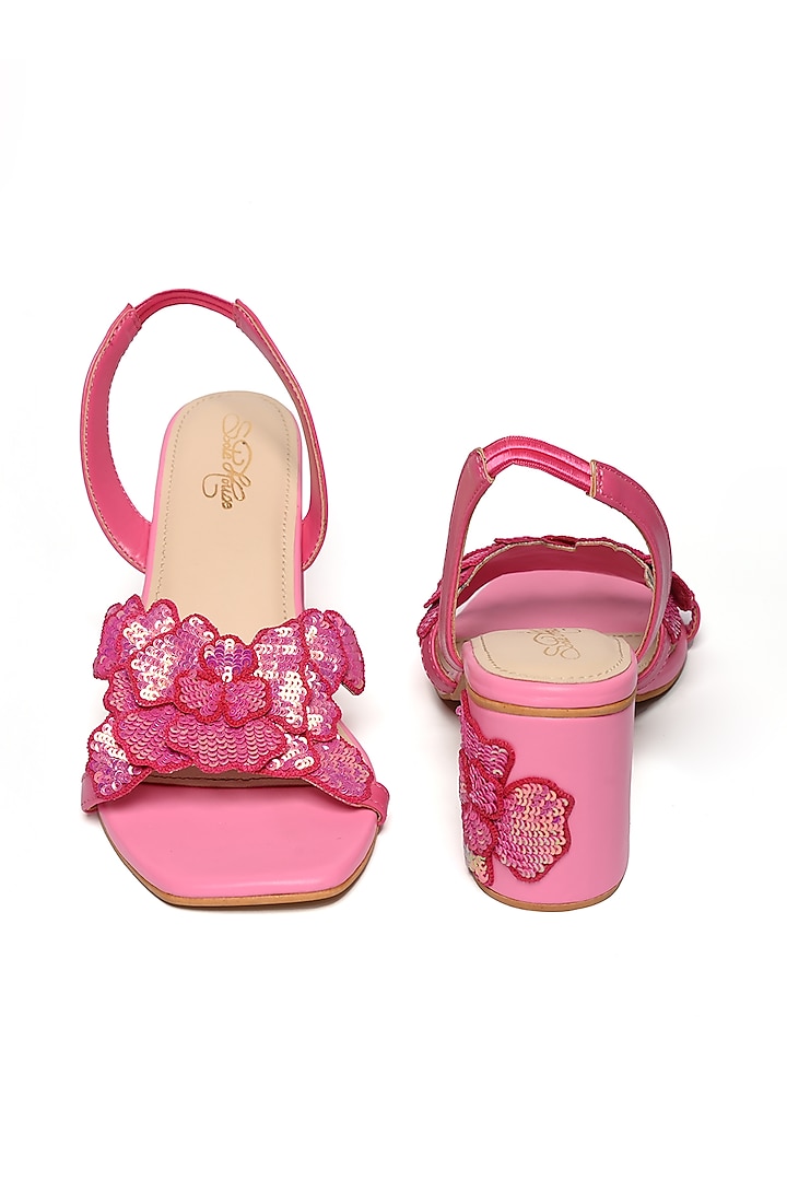 Pink Faux Leather Sequins Floral Hand Embroidered Heels by Sole House at Pernia's Pop Up Shop