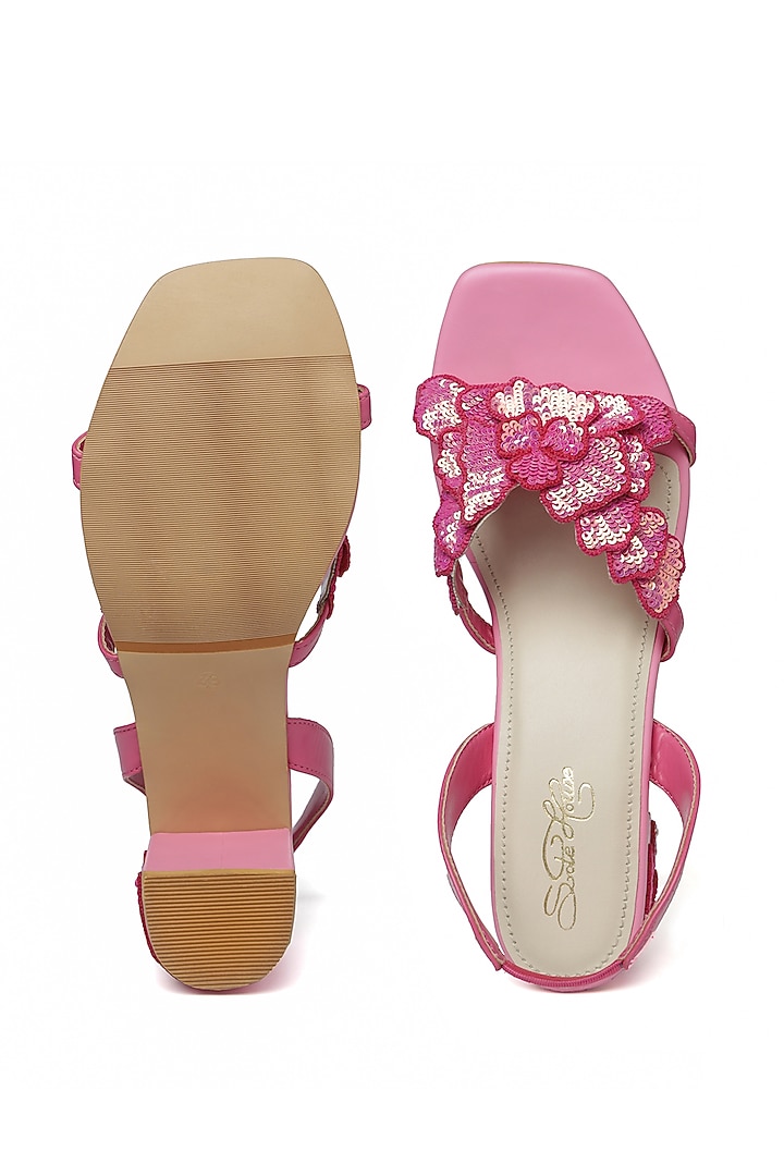 Pink Faux Leather Sequins Floral Hand Embroidered Heels by Sole House at Pernia's Pop Up Shop