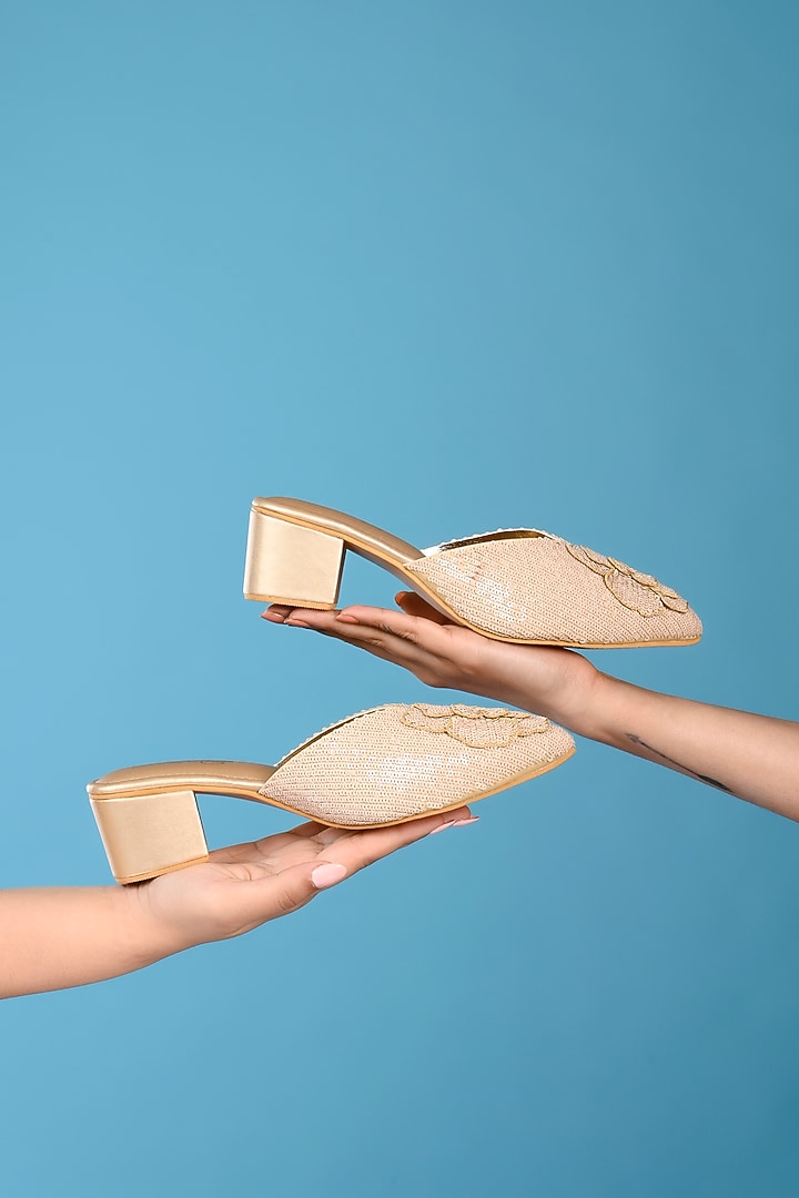 Beige & Nude Faux Leather Sequins Floral Hand Embroidered Heels by Sole House at Pernia's Pop Up Shop