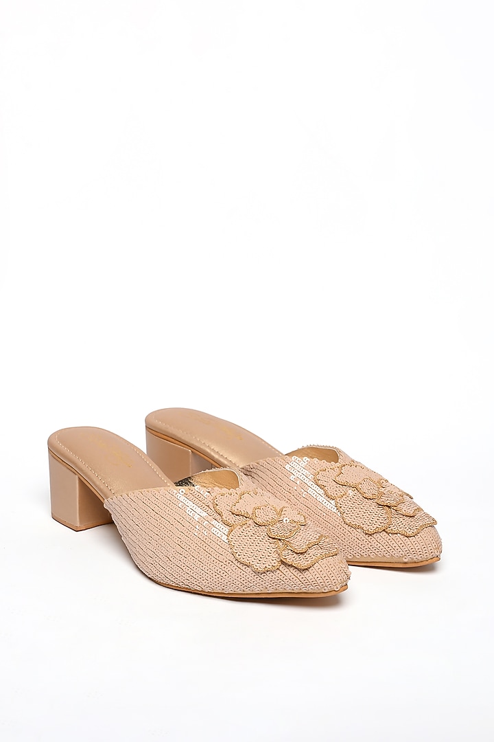 Beige & Nude Faux Leather Sequins Floral Hand Embroidered Heels by Sole House at Pernia's Pop Up Shop