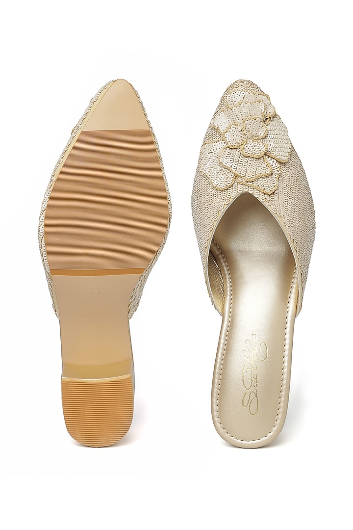 Beige & Nude Faux Leather Sequins Floral Hand Embroidered Heels by Sole House at Pernia's Pop Up Shop
