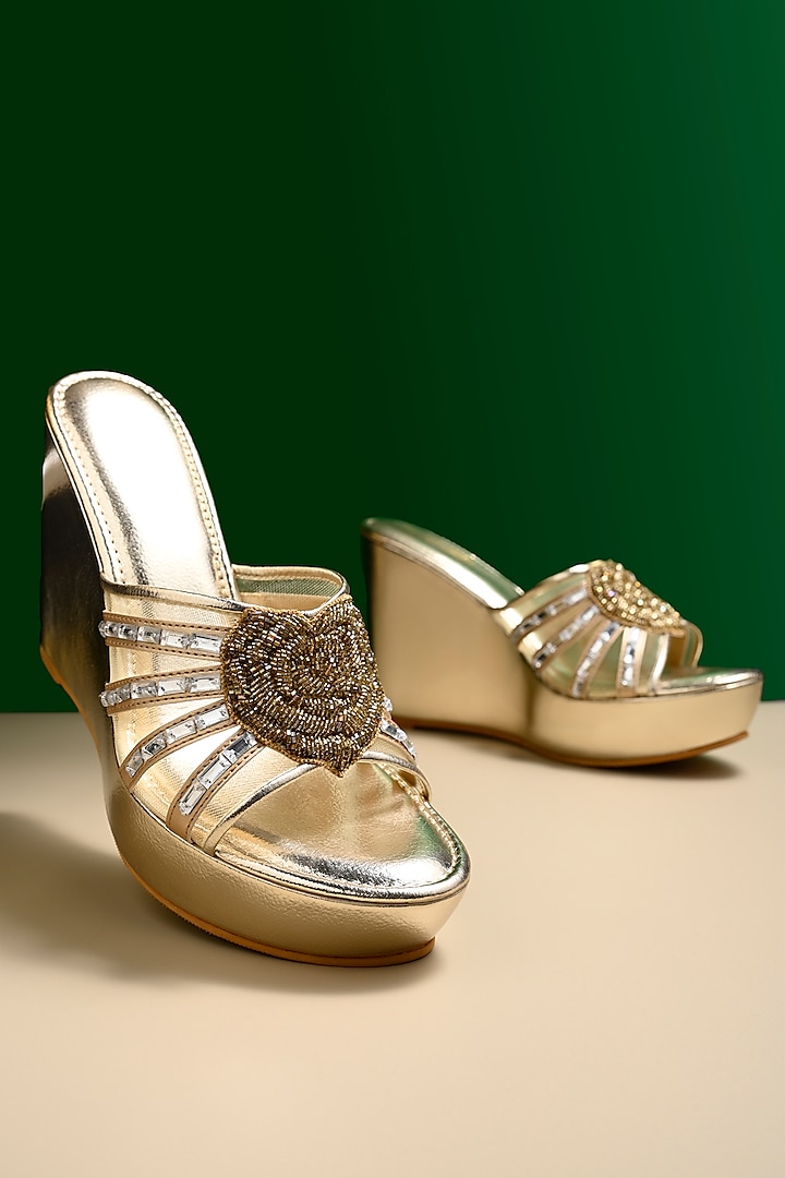 Gold Faux Leather Embroidered Wedges by Sole House at Pernia's Pop Up Shop