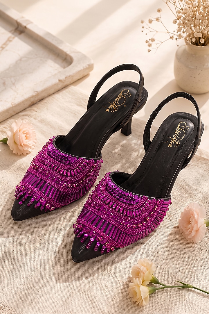 Grey Soft Faux Leather Embellished Slingback Heels by Sole House at Pernia's Pop Up Shop