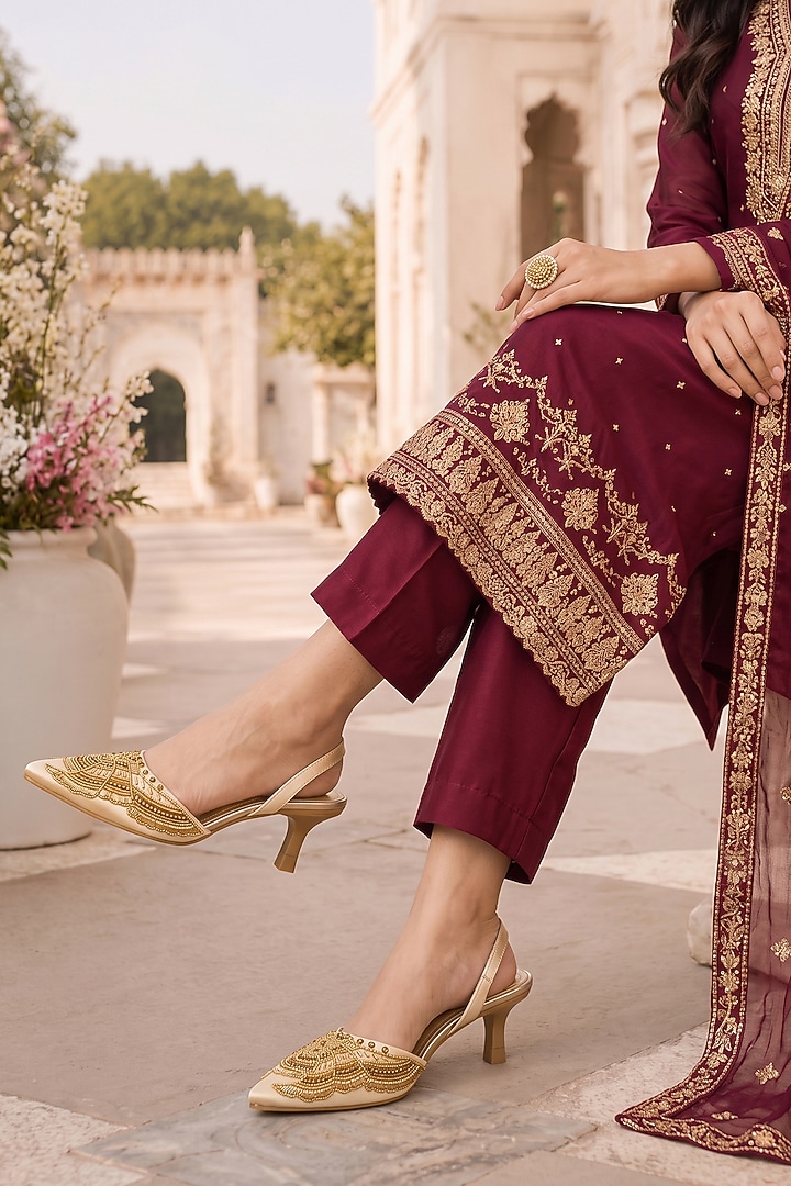 Gold Soft Faux Leather Heels by Sole House at Pernia's Pop Up Shop