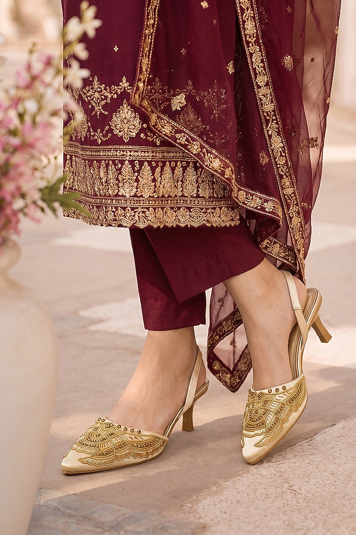 Gold Soft Faux Leather Heels by Sole House at Pernia's Pop Up Shop