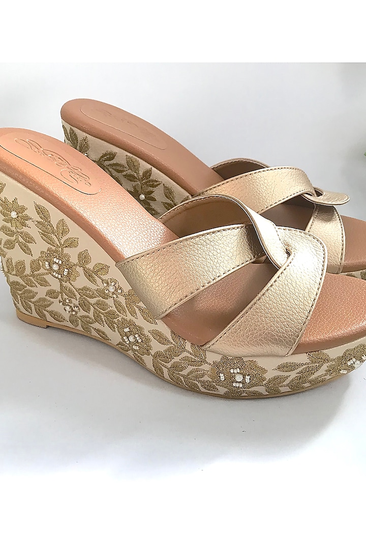 Gold Embroidered Wedges by Sole House at Pernia's Pop Up Shop