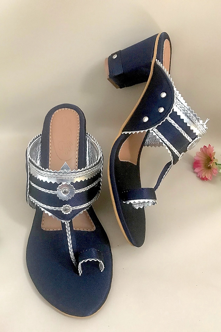 Navy Blue Braided Kolhapuri Block Heels by Sole House at Pernia's