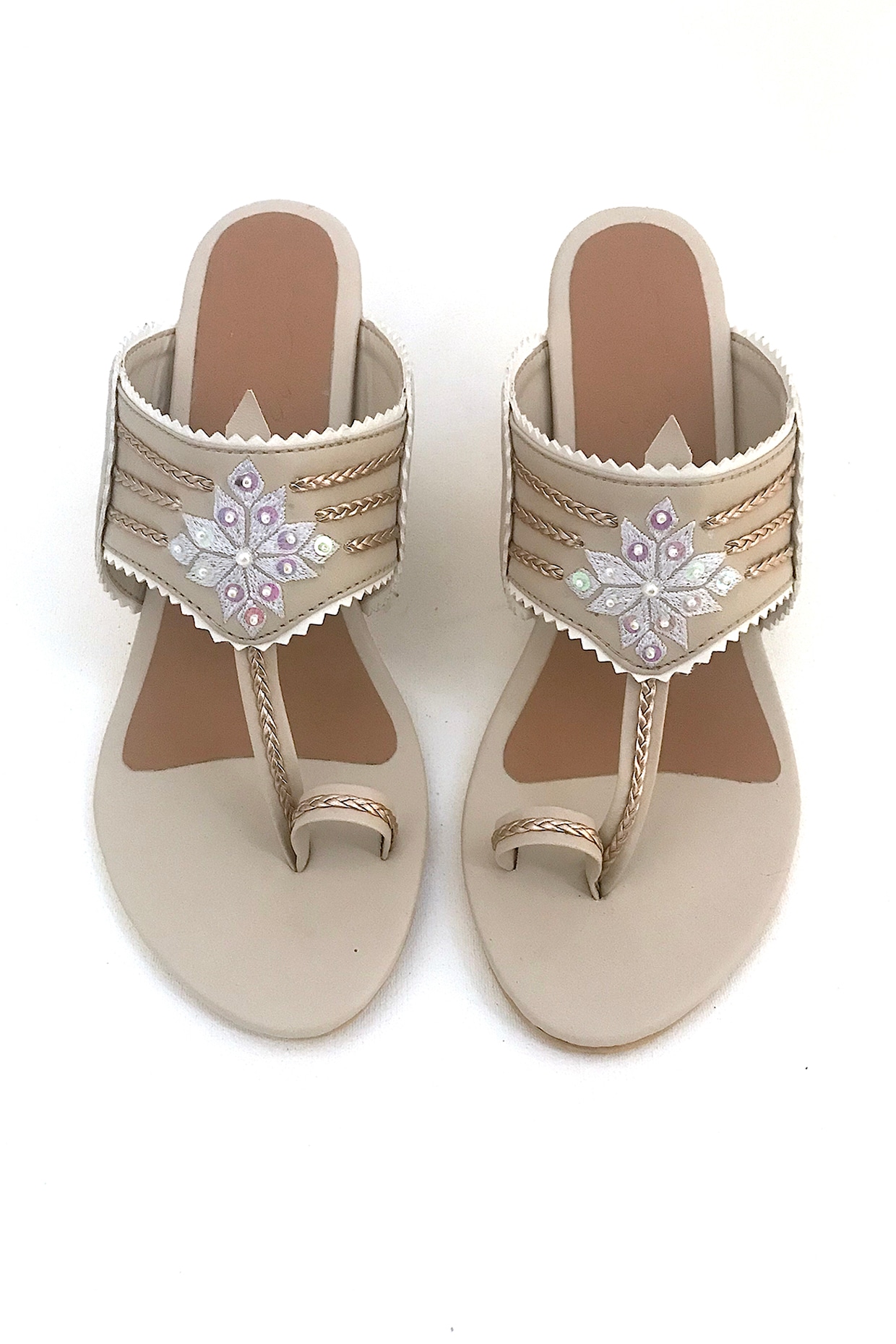 Beige Gold Embroidered Kolhapuri Block Heels Design by Sole