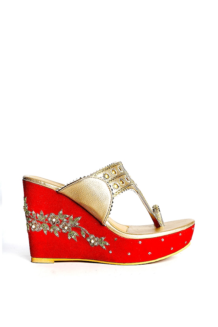 Red Embellished Wedges by Sole House at Pernia's Pop Up Shop