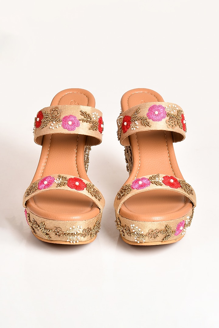 Nude Floral Embellished Wedges by Sole House at Pernia's Pop Up Shop