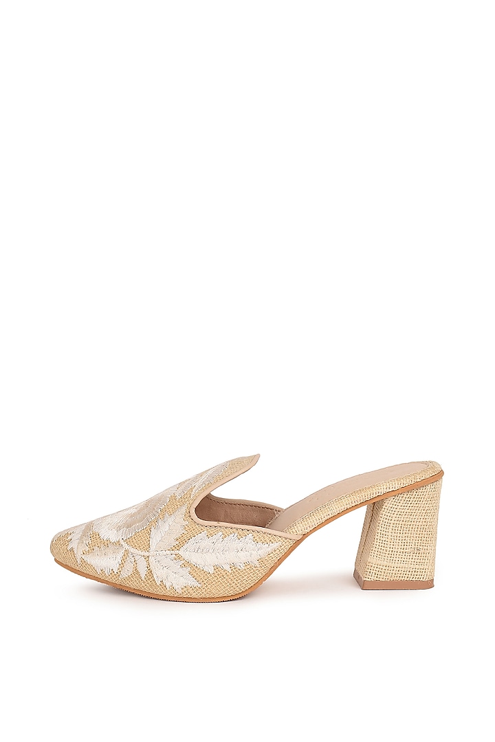 White & Beige Embroidered Trapeez Heels by Sole House