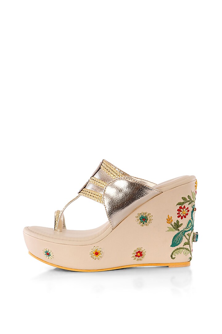 Cream Embroidered Kolhapuri Wedges by Sole House at Pernia's Pop Up Shop