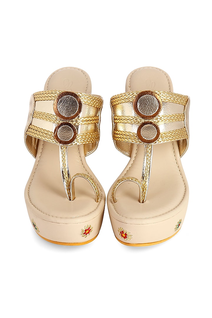 Cream Embroidered Kolhapuri Wedges by Sole House at Pernia's Pop Up Shop
