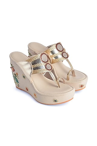 Cream Embroidered Kolhapuri Wedges by Sole House