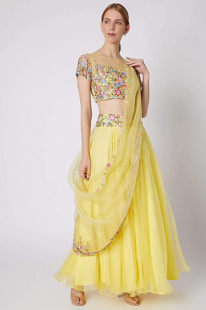 Yellow Floral Embroidered Lehenga Set by Sonam Luthria