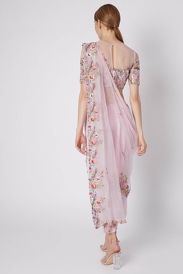 Blush Pink Embroidered Pant Wedding Saree Set by Sonam Luthria at Pernia's Pop Up Shop