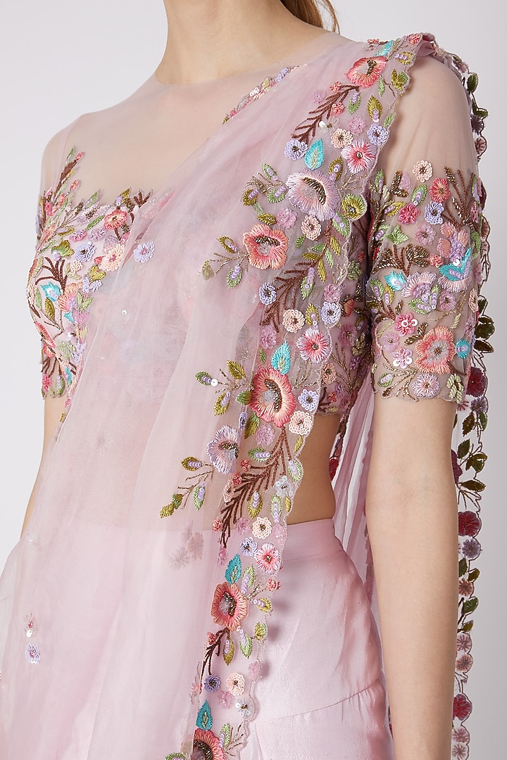 Blush Pink Embroidered Pant Wedding Saree Set by Sonam Luthria at Pernia's Pop Up Shop