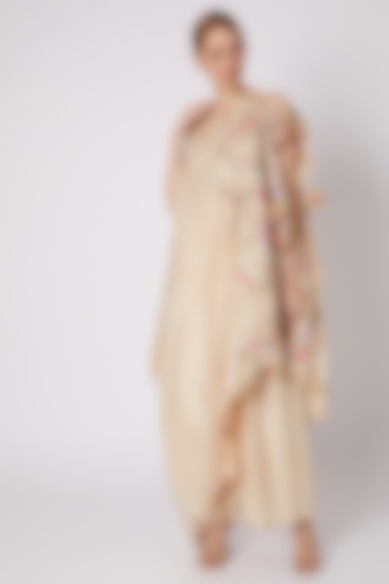 Beige Pleated Pants With Blouse & Embroidered Dupatta by Sonam Luthria