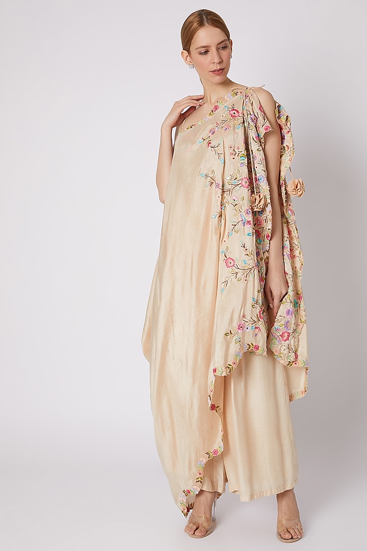 Beige Pleated Pants With Blouse & Embroidered Dupatta by Sonam Luthria