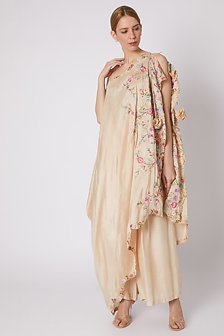 Beige Pleated Pants With Blouse & Embroidered Dupatta by Sonam Luthria