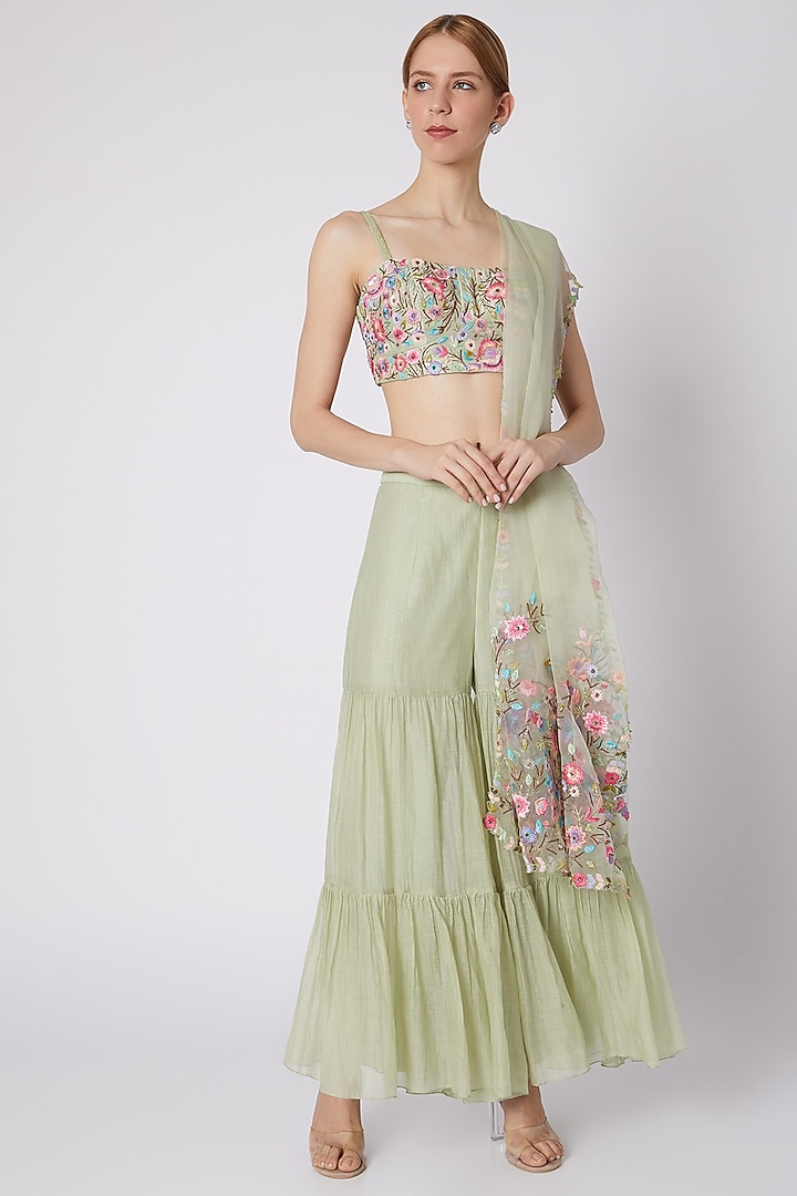 Mint Green Embroidered Sharara Set by Sonam Luthria